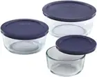 Pyrex Simply Store Glass Round Food Container Set with Blue Lids (6-Piece)