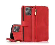 For iPhone 13 Mini Case, Leather Zipper Purse Flip Cover Case with Card Slot Holder Wrist Strap Lanyard (Red)