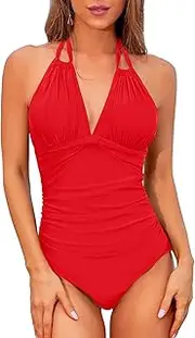 [Tempt Me] Women One Piece Swimsuits Tummy Control Halter Bathing Suits Sexy Ruched Slimming Swimwear