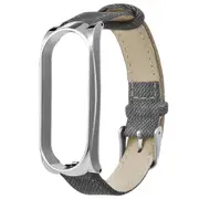 Metal Case Leather Strap Watch Band Replacement Watch Strap for Xiaomi Mi band 3 SILVER COLOR