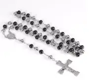 Solid 6mm Ball Chain Stainless Steel Cross Pendant Rosary Necklace Black Silver