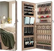 LVSOMT Jewellery Cabinet with Full Length Mirror, Wall/Door Mounted Mirror with Jewellery Storage, Jewelry Armoire Organizer for Earrings, Necklaces, Cosmetics, Bracelets (Brown)
