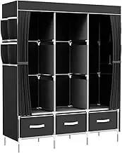 Canvas Wardrobe Canvas Wardrobe, Portable Wardrobe Pop Up Wardrobe, Versatile Fabric Wardrobe with 3 Storage Areas and 3 Hanging Rail、8 Side Bag