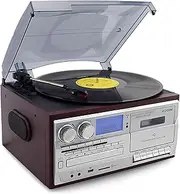 3 Speed Bluetooth Vintage Turntable,Vinyl Record Player Vintage Turntable CD&Cassette Player AM/FM Radio USB Recorder,with Built-in Speakers,for Entertainment/Office/Bedroom