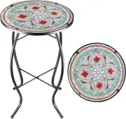 14 Inch Small Outdoor Side Table with Red Flower, Glass Mosaic Patio Table Indoo