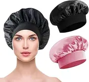 2Pcs Satin Bonnet Silk Hair Bonnet,Shower Cap Elastic Wide Band Bonnets for Black Women Braids Large Satin Silk Hair Bonnet for Sleeping- Suitable for Long, Straight, and Curly Hair Night Sleep Cap
