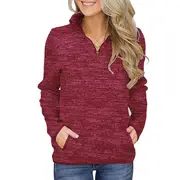 Nevenka Women Casual Long Sleeve 1/4 Zipper Sweatshirts Tunic Tops With Pockets-Red-201988PO