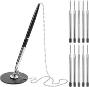 Tofficu Counter Pens with Adhesive Chain, 1 Sets Guest Signing Pens Blank Ink Refills Desktop Gel Ink Pen Security Pen Holder Stands for Bank Office Hotel Lobbies Retail Stores Black