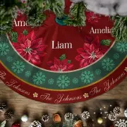 Personalized Poinsettia Christmas Tree Skirt, Custom Family Names Tree Skirt