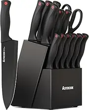 Astercook 15 Piece Knife Set with Sharpener Block - German Stainless Steel, Dishwasher Safe Kitchen Knives with Built-in Sharpener, Black