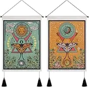 Lyacmy Pack of 2 Tapestry Sun and Moon Tapestry Moth Tapestries Orange and Green Tapestry Flower Vine Tapestry Wall Hanging for Room (13.8 x 19.7 inches)