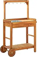 Garden Kitchen Trolley Solid Wood Acacia 92x43.5x141.5 cm with Removable Zinc Tray, Shelves & Wheels, Utility Cart for Indoor/Outdoor, Rolling Storage with Hooks, Portable Serving Table