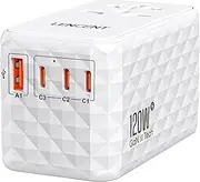 LENCENT 120W International Travel Adaptor, Universal Travel Adapter with 1 USB-A & 3 USB-C PD Fast Charging, All-in-One Wall Charger for Mobile Phone, Laptops, UK/EU/AUS/US, White