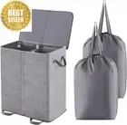 Double Laundry Hamper with Lid 2 Dividers Removable Bags Collapsible Basket Grey