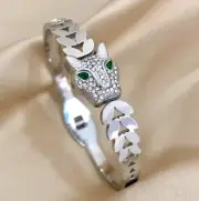 Delicate Men's Titanium Steel Leopard Head Green Eyes CZ Bangle Bracelet