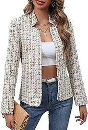 [Mina Self] 2025 Women's Tweed Blazer Lightweight Plaid Open-Front Stand-Collar Fully-Lined Casual Fashion Elegant Jacket
