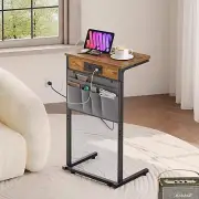 C Shaped End Table with Charging Station, 28" Tall Couch Table for Recliner