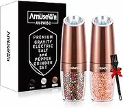 AmuseWit Gravity Electric Salt and Pepper Grinder Set [White Light] - Battery Operated Automatic Salt and Pepper Mills with Light,Adjustable Coarseness,One Handed Operation,Cleaning Brush,Copper by
