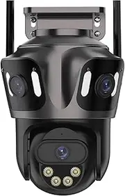 Three Lens 12MP HD Outdoor WiFi IP Camera 8MP/6MP Dual Screen PTZ Camera Ai Human Detection CCTV Video Security Cam(US Plug,12MP with 64G)