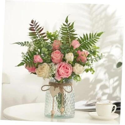 Fake Flowers with Vase, Silk Roses Artificial Flowers in Vase, Faux Peach Pink