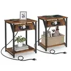 End Table with Charging Station, Set of Small Side 2 Rustic Brown + Black