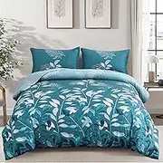 Teal Blue Duvet Cover King Teal Blue Floral Bedding Set, Reversible Lightweight Leaves Bedding Sets 3pcs with Zipper Closure (King, 220x230cm)