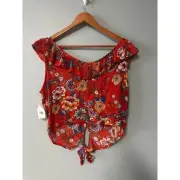 NEW Womens Size L Altar'd State Red Floral Crop Top Button Tie Front Sleeveless