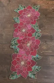 Cynthia Christmas Beaded Table Runner 36” Poinsettia New Holiday Red Green