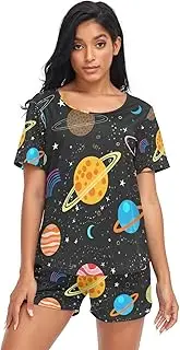 [RPLIFE] Playful Coloful Planets Black Womens Shorts Pajama Set, Matching Lounge Sets Women