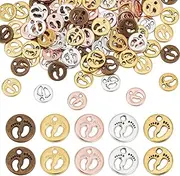 [PH PandaHall] 100pcs Footprint Charms, 5 Styles Tibetan Alloy Feet Shape Print Dangle Pendant Flat Round First Step Feet Charms Beads for DIY Necklace Bracelet Crafts, Brass