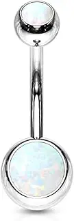 [Pierced Owl] 14GA 316L Stainless Steel Double Synthetic Opal Banana Belly Button Ring (White)
