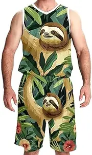 [KQNZT] Basketball Jersey with Shorts, Jersey Shorts Outfit Set, Men's Basketball Jersey, Cartoon Sloth Tropical Jungle