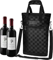 [OPUX] Two Bottle Wine Bag Carrier Tote, Insulated Leakproof 2 Bottle Wine Cooler Bag for Travel BYOB Picnic, Portable Wine Case, Gift for Men Women Wine Lover Birthday Party Christmas, Checker Black