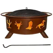Steel Wood Burning Fire Pit Grill Poker Spark Screen And Cover 29x18" Round Rust