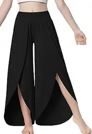 [EXARUS] Girls Flowy Split Pants Wide Leg Elastic High Waisted Palazzo Casual Dance Trousers for Kids 6-12Y