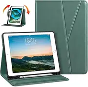 DTTO Rotating Case for iPad 6th / 5th Generation 9.7 Inch 2018/2017, iPad Air 2 / Air 1 Case, 360 Degree Swiveling Premium Leather Folio Stand Cover with Pencil Holder-Auto Wake/Sleep, Midnight Green