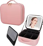 VNIMTI Travel Makeup Bag with LED Mirror, Makeup Train Case for Women, Portable Cosmetic Bag with Brush Organizer Storage Box Vanity Case, Adjustable Divider, 3 Color Brightness, Rechargeable, Pink