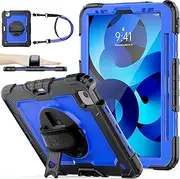 [SEYMAC stock] Case for iPad Air 5th/4th Generation 10.9 Inch 2022/2020 with Screen Protector, Pencil Holder, 360° Rotating Hand Strap&Stand, Blue+Black