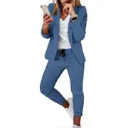 2 Pcs/Set Women Coat Pants Set Business Set Long Sleeves Solid Color Drawstring Elastic Waist Lapel Slim Fit Pants Blazer Trousers Suit blue 3XL