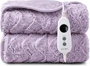 Dreamaker Luxury Faux Fur Electric Heated Throw Blanket 200x180cm Heating Rug Reversible Coral Fleece Plush Snuggle Overheat Protection LED Display 9 Heat Settings Detachable Controller - Lavender
