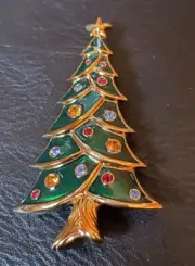 Swarovski Gold Green Enamel Multi Crystal Christmas Tree Brooch Signed Vtg