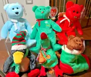BEANIE BABIES, STOCKINGS, TOBOGGAN, GREETINGS, HANUKKAH, GIFT-RED, GIFT-GREEN,NW