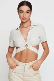 Beige Crop Top Short Sleeve - Size 14, Women's Semi Crop