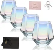 Diamond Wine Glasses Set of 4,Stemless Diamond Shape 10 Oz Modern Stemless Gold Rim Glass Cups Iridescent Drinking Glassware for Whiskey, Cocktail, Mixed Wine, Soft Drink, and More