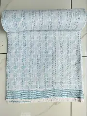 Indian Hand Block Print Kantha Quilt Cotton Bedspread King Size Blue Leaf Print