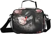 Insulated Lunch Box Swan Flower Black for Women Men - Ideal for Work, Picnics - Includes Adjustable Shoulder Strap