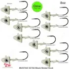 10pcs Fishing 8oz Shad Jig Head 32786 MUSTAD 2x Strong Hook 10/0 Nickel Glow