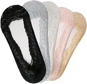 [VANTOBEST] 5 Pairs Womens Lace Casual No Show Socks Non Slip Thin Low Cut Boat Sock Invisible Hidden Socks for Flats, As Photo, One Size