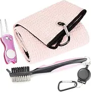 Microfiber Waffle Pattern Golf Towel,Club Groove Cleaner Brush,Foldable Divot Tool,Pink