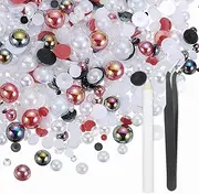 uxcell 100g Flatback Rhinestones, 3mm-10mm Mixed Rhinestones and Half Pearls with Pick Up Pen and Tweezer for Nail Art Crafts, Phone Case, Clothes DIY (Colorful/White Red)